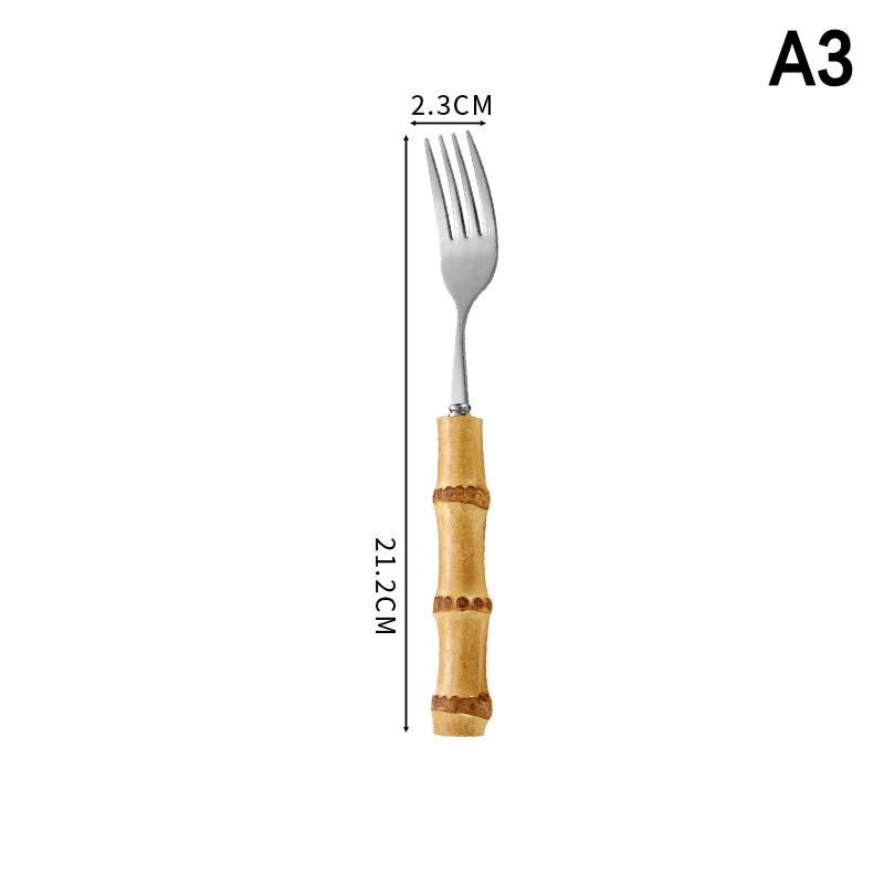 Long Handle Serving Spoon Fork Stainless Steel Gold Silver Bamboo
