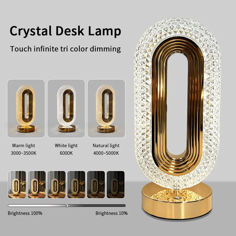 3 Color LED Crystal Table Lamp Touch Dimmable Bedside Lamp Night Light USB Rechargeable Temperatures Ambient Light Home Decor Vue Ring-shaped