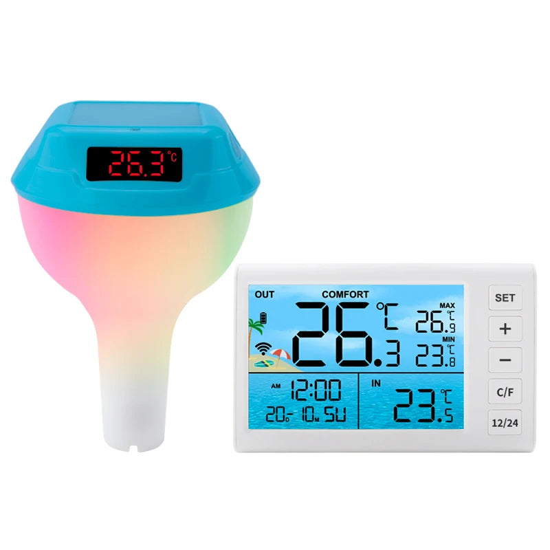 Solar Powered Outdoor Pool Thermometer LED Display Water Temperature Meter Waterproof Pool Tub GRB LED Light Temperature Gauge Vue