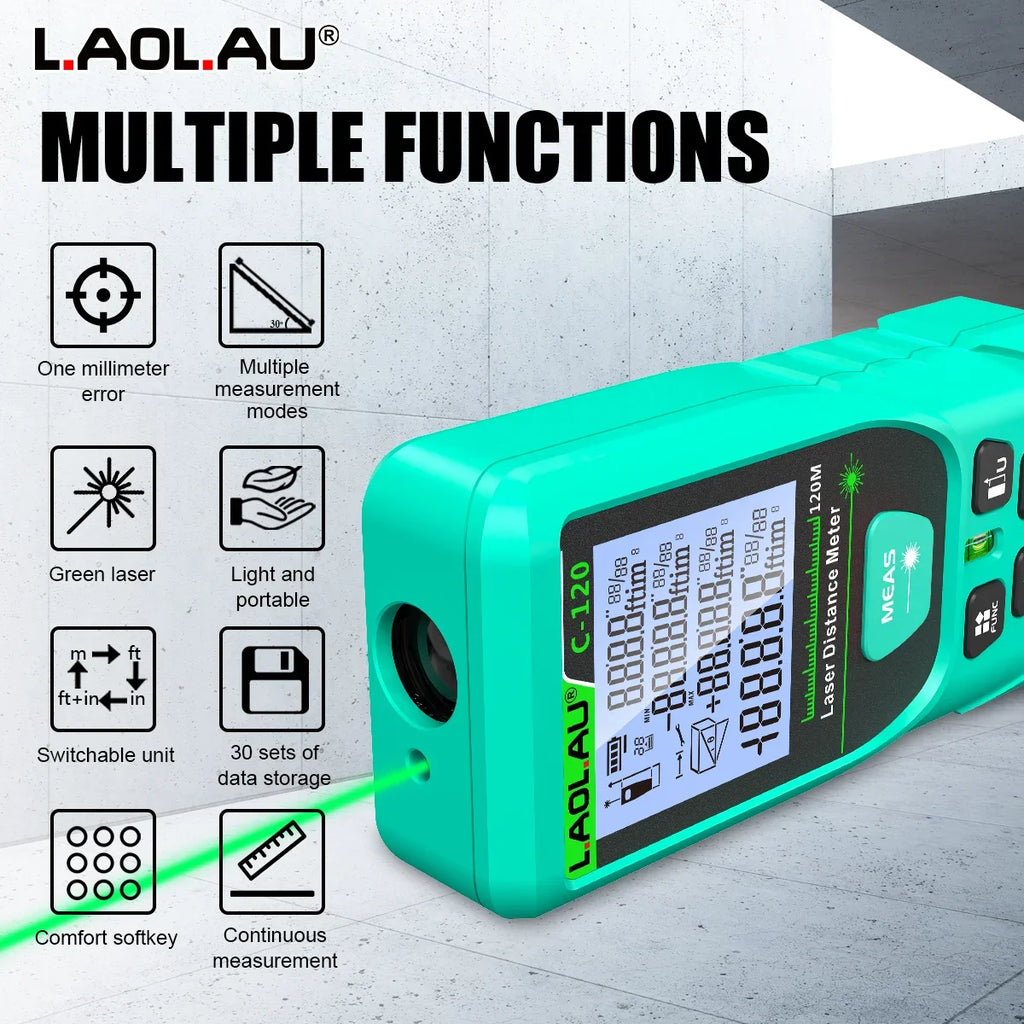 LAOLAU Digital Laser Range Finder RED/Green Laser Beam Meter High Precision Measuring Tools Backlit Screen IP54 Waterproof Vue