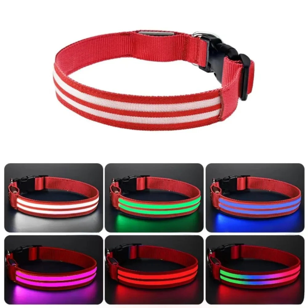Adjustable Light Up Dog Collar Nylon Material Flashing Light LED Glowing Dog Neck Ring Waterproof Anti-Lost Vue M-Red Multicolor