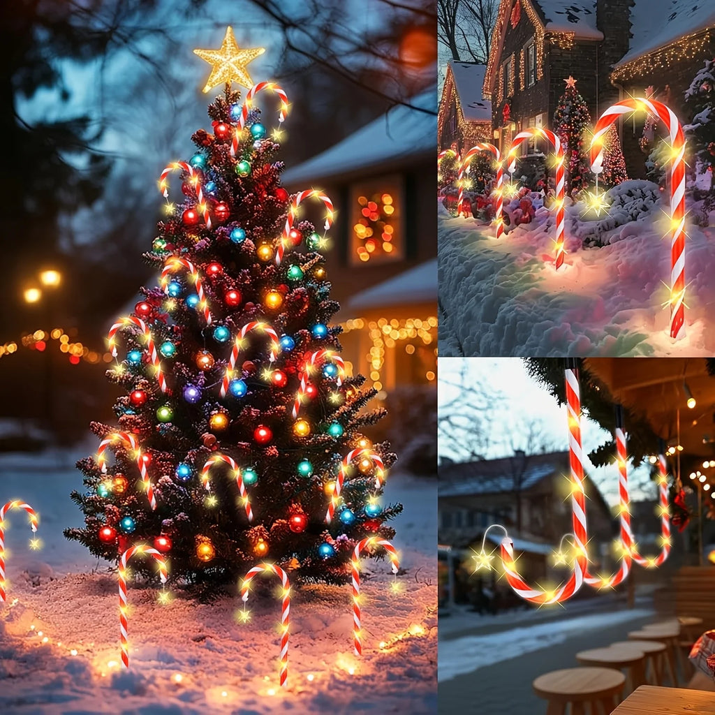 Christmas Ambiance Solar Stake Lights - Star Snowflake Cane Shape, 8 Lighting Modes, LED Outdoor Lawn Lights for Path, Garden Vue