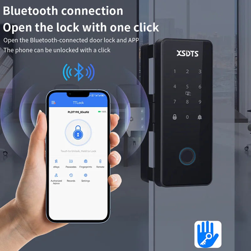 TT-Lock Smart Glass Door Lock Bluetooth Biometric Fingerprint Password Card Electronic Digital Lock Office Business Departments Vue