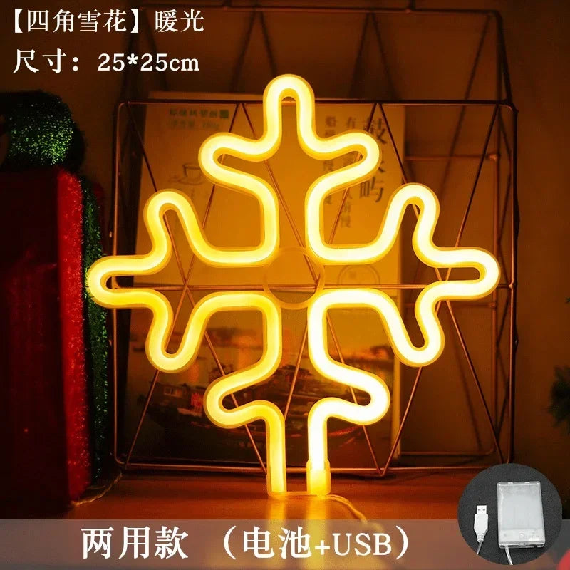 LED Christmas Socks Neon Sign Light Lamp Colorful Wall Lights Hat Bells Christmas Tree Snowflake Elk Ornaments Decor Room Party Vue Snowflake