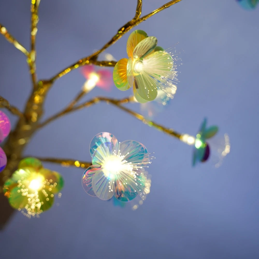 Battery Powered 18LED Fiber Optic Flower Lamp, Golden Birch Tree LED Night Light for Home Birthday Bedroom Table Decor Vue
