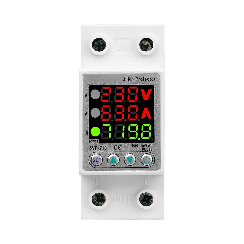 220V 40A/63A Adjust Voltage Relay Over Under Voltage Protector Over Current Limit Wattm KWH Energy Meter Power Charge Display Vue