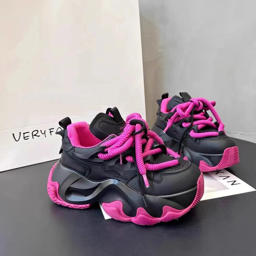 Women's Black Platform Sneakers – Lace-Up PU Leather Thick Sole Platform Sneakers Vue rose red 36 China Mainland