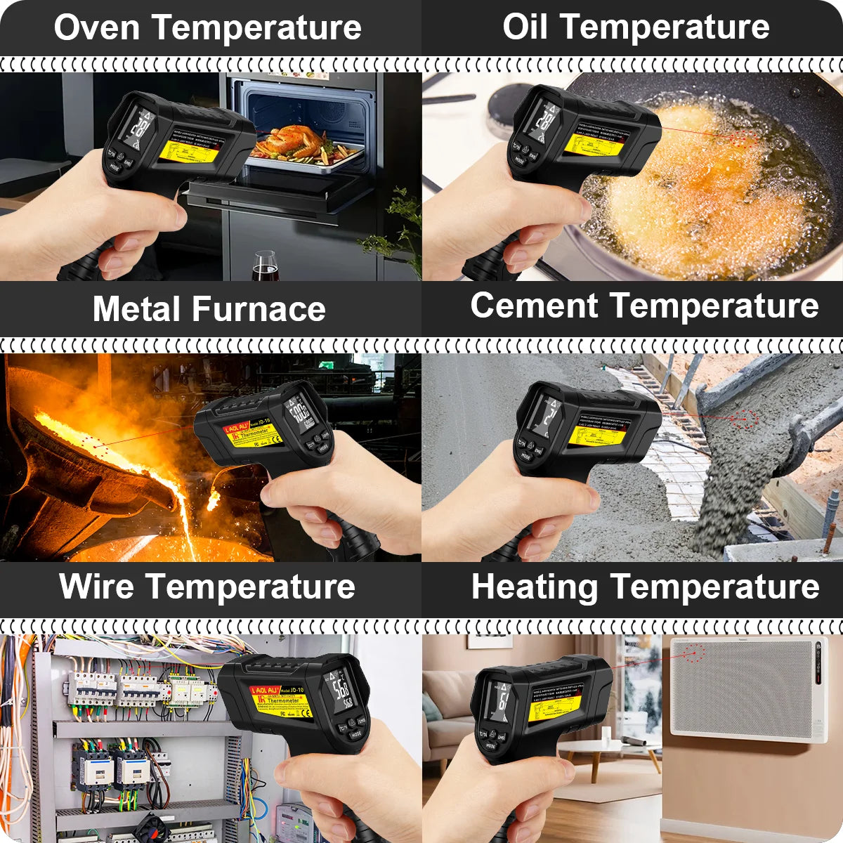 JD-10 Industrial IR Thermometer Gun -50°C~800°C Laser Temperature Gun High/Low Alarm Adjustable Emissivity for Home/Factory/BBQ Vue