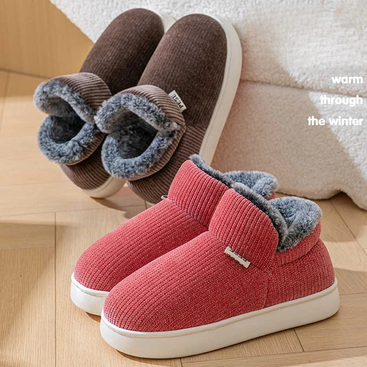 Unisex Winter Warm Cotton Slippers Thickened Anti Slip Sole Fleece Lined Closed Heel House Shoes for Indoor Bedroom Home Vue