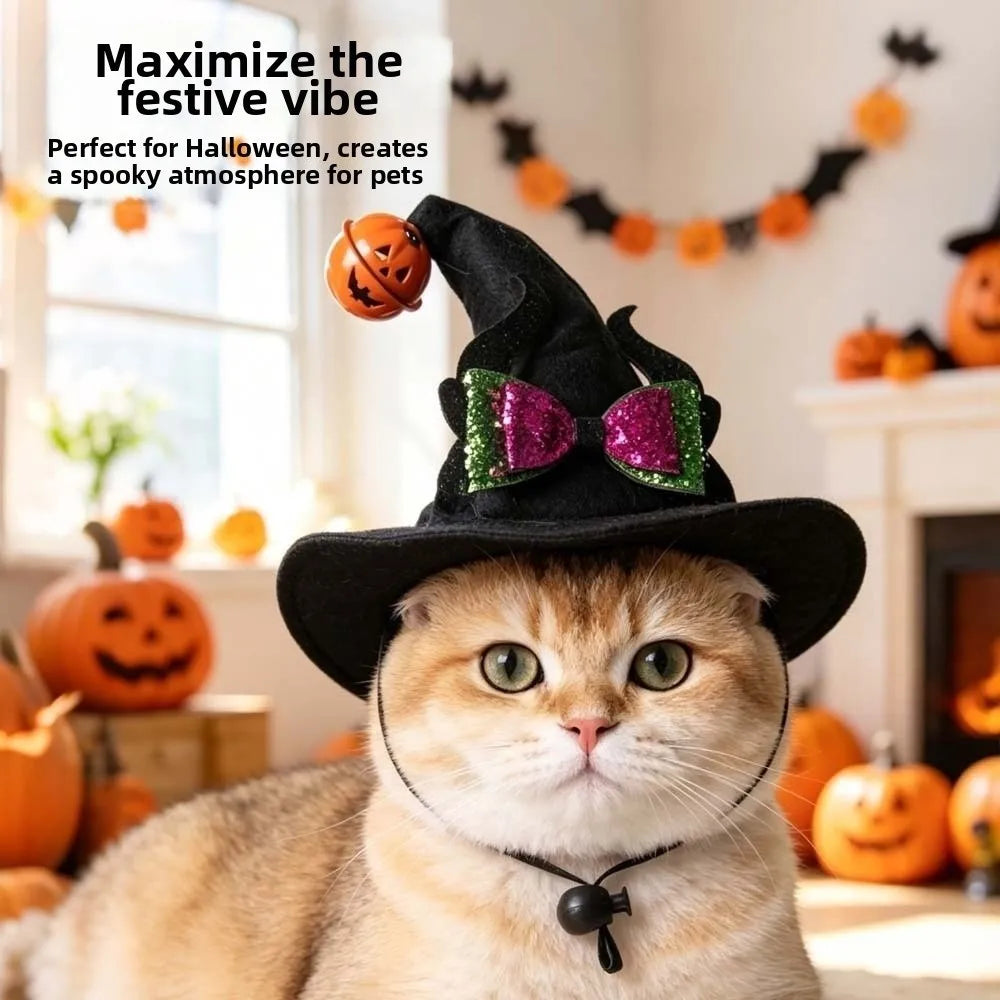 Curved Top Pet Witch Hat Sequin Bowknot Adjustable Strap Cat Wizard Cap Lightweight Fit Soft Fabric Dog Halloween Headwear Vue
