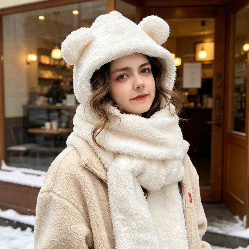 1-5PCS Cute Bear Ear Beanie Scarf Gloves 3 in 1 Fleece Lined Thick Warm Winter Hood for Women Girls Outdoor Skiing Cold Weather Vue