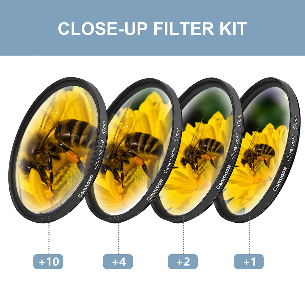 Camnoon 72mm Close-up Filter Kit 4pcs(+1,+2,+4,+10) Macro Filters Close-up Lens Filter Set with Filter Pouch Cleaning Cloth Vue