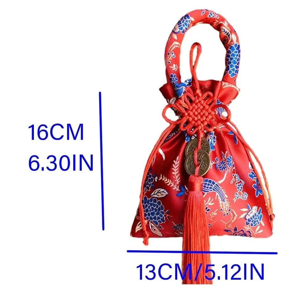 Chinese Style Canvas Flower Drawstring Bag Dragon Phoenix Chinese Knot Tassel Handbag Storage Bag Large Capacity Vue