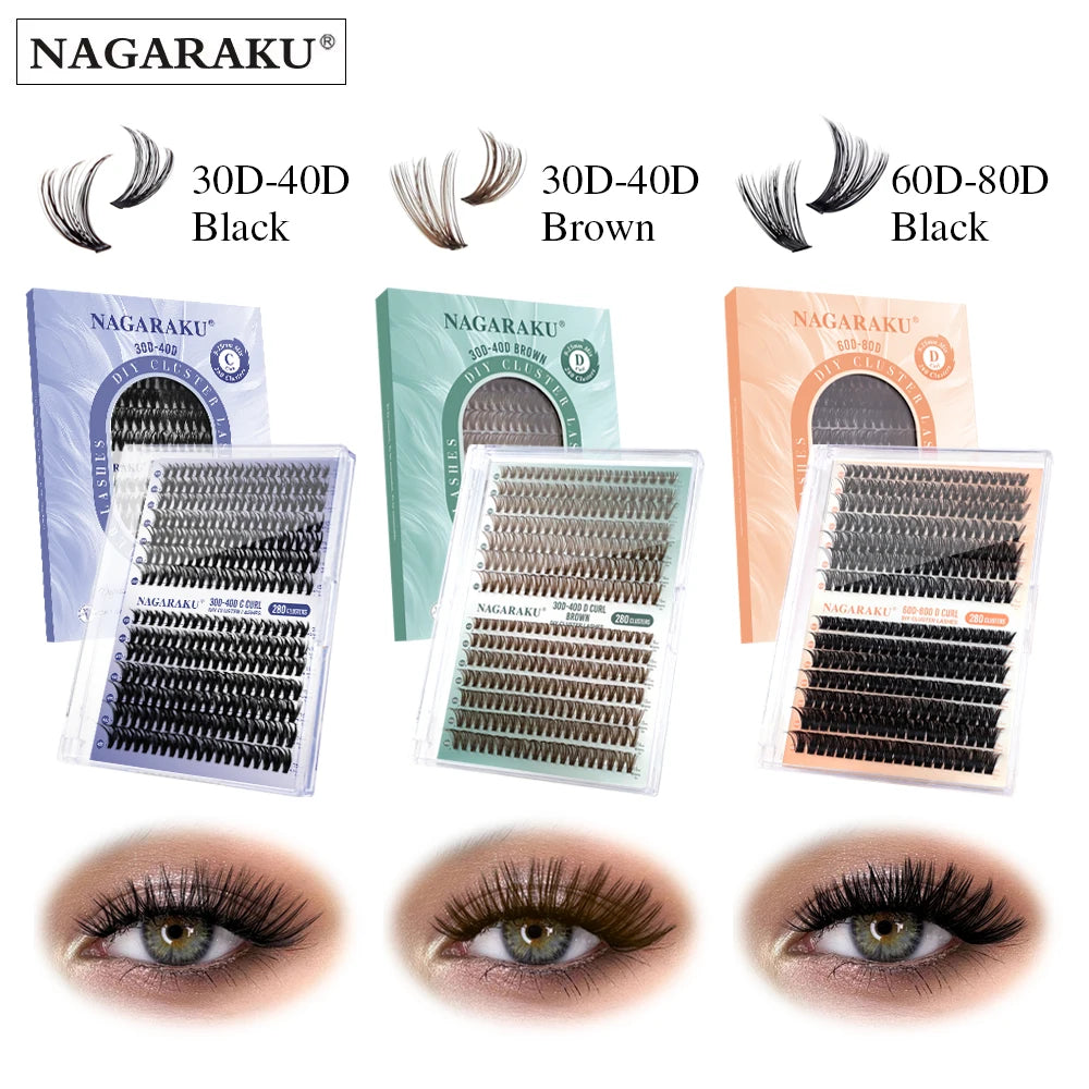 NAGARAKU 30P 40P 60P 80P Cluster False Eyelashes DIY 280 Set Eyelash Extensions D Curl 9-15mm Mixed Lengths Eyelash Extensions Vue