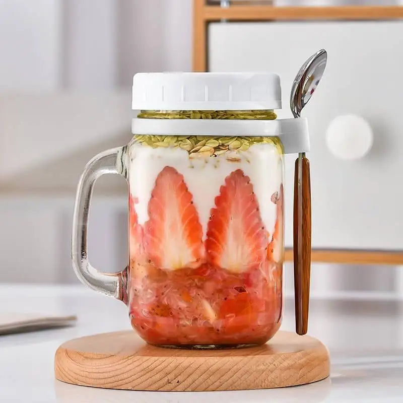 Overnight Oats Containers Handle Lid Spoon Glass Oatmeal Jars Cereal