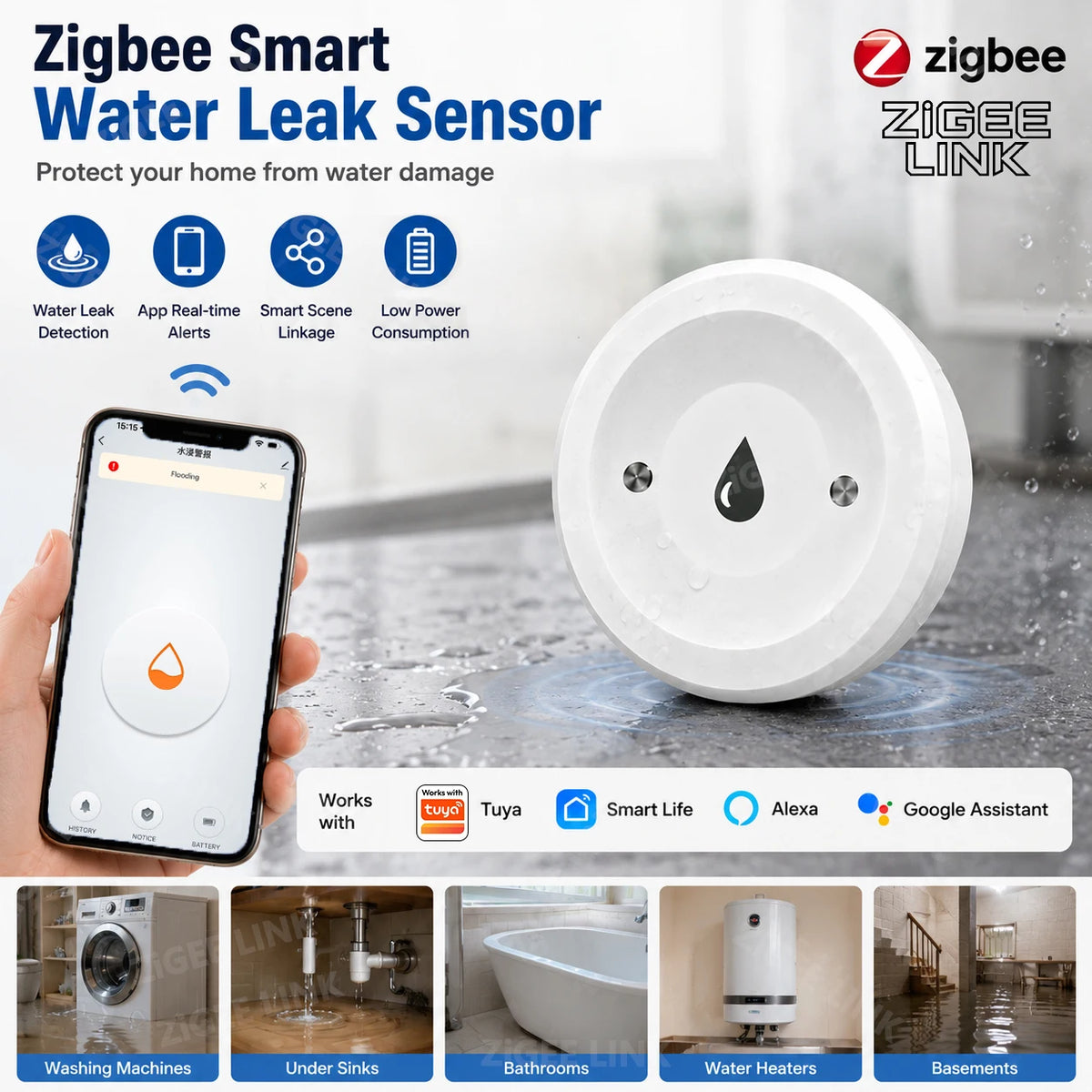 Zigbee Water Leakage Sensor Flood Overflow Security Detector APP Real-Time Remote Alert For Household Anti-Water-Leak Protection Vue