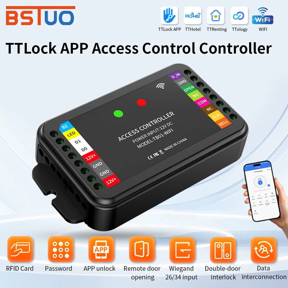 DC12-24V Dual Frequency Access Control Controller Smart TTLOCK APP Remote Unlock 2-Door Interlock WG 26/34 Input Relay Output Vue