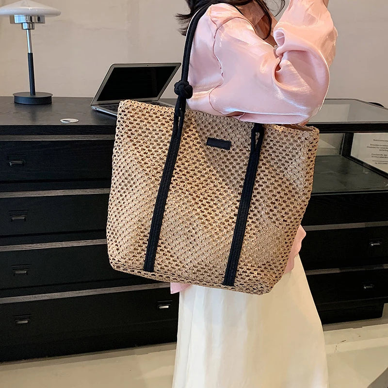 Summer Woven Straw Tote Bag Casual Beach Vacation Women Shoulder Bags