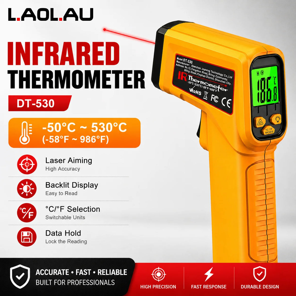 DT-530 Laser Temperature Gun -50°C to 530°C Adj Emissivity Backlit LCD Infrared Thermometer For Industrial/HVAC/Auto/Kitchen Vue