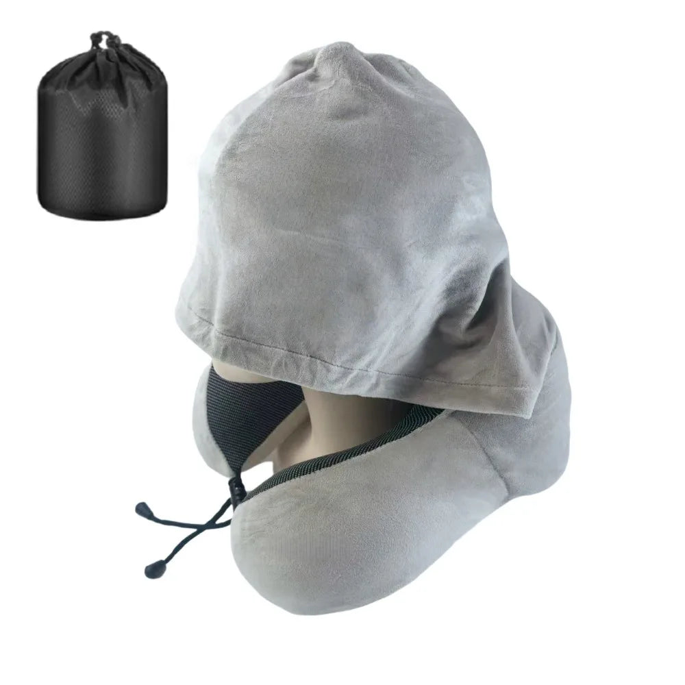 Removable Travel Neck Pillow Washable Cover with Storage Bag Hooded Pillow Adjustable Comfortable U-shaped Pillow with Cap Vue Grey Velvet
