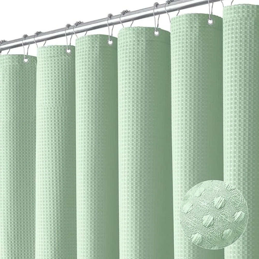 Waterproof Plain Waffle Shower Curtain Mildew-proof Solid Color Shading Curtain Polyester with Hooks Bathroom Partition Curtain Vue Light Green- 90-180cm