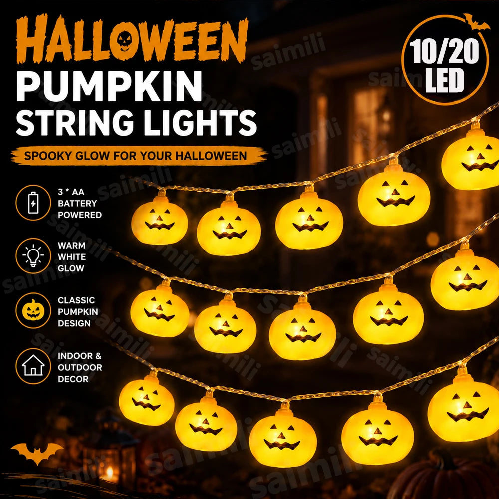 Battery 3D Pumpkin LED String Light Halloween Atmosphere Glow Fairy Lamp Classic Horror Style Decor For Home Holiday Party Decor Vue