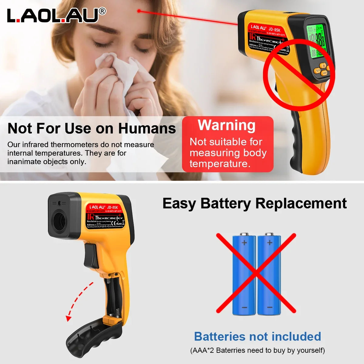 LAOLAU JD05 JD05K K-Type Infrared Thermometer -58°F~1472°F Handheld Non-contact Laser Temperature Gun RH% Adjustable Emissivity Vue
