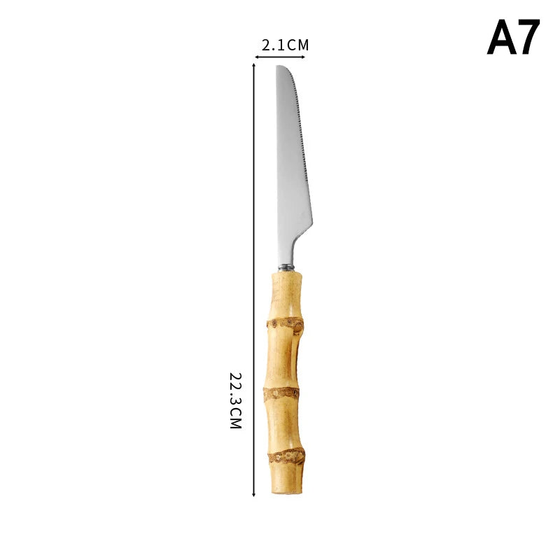 Long Handle Serving Spoon Fork Stainless Steel Gold Silver Bamboo Vue A7