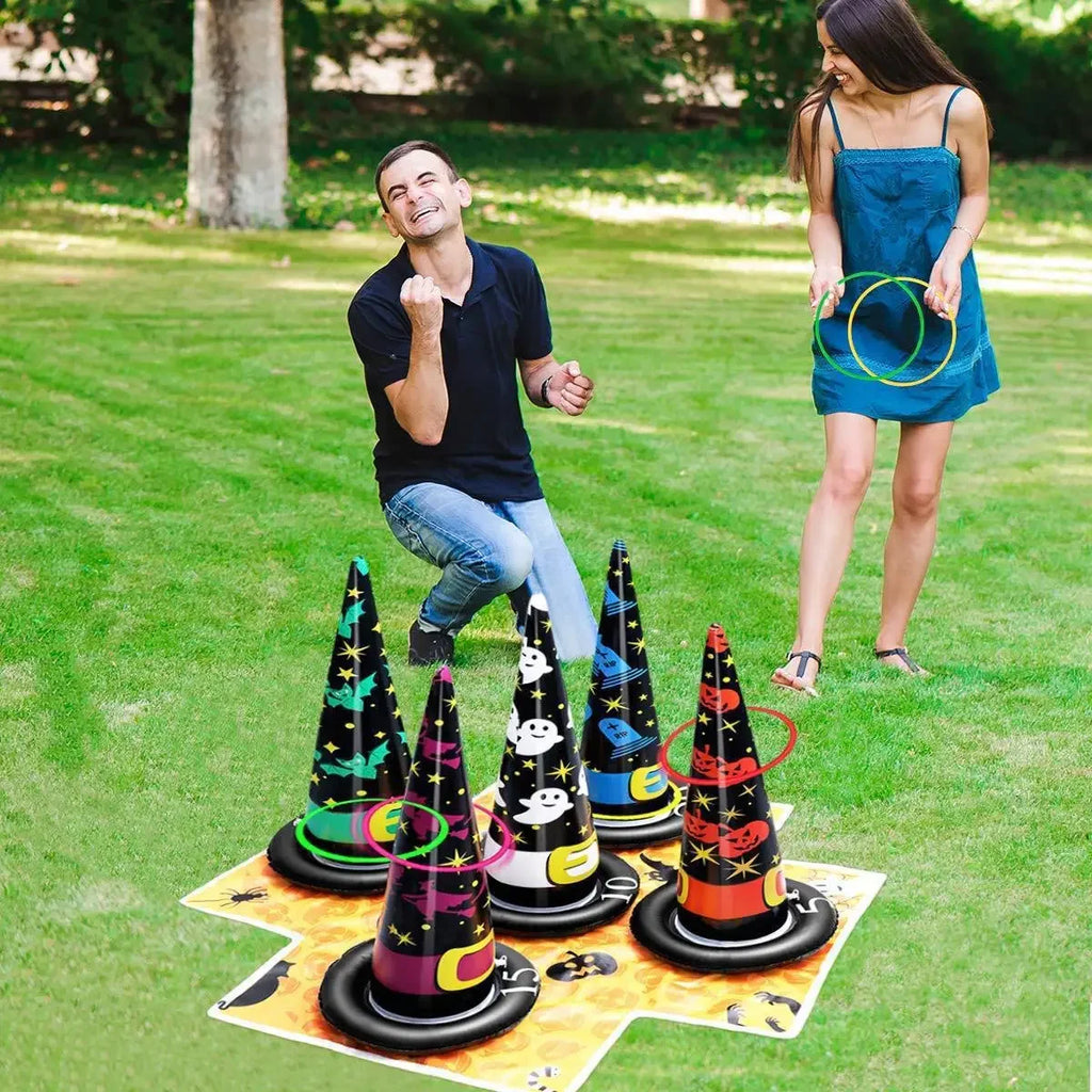 1-10Sets Halloween Inflatable Cone Toss Ring Game PVC Witch Hat Target for Carnival Party Adults Outdoor Interactive Fun Vue