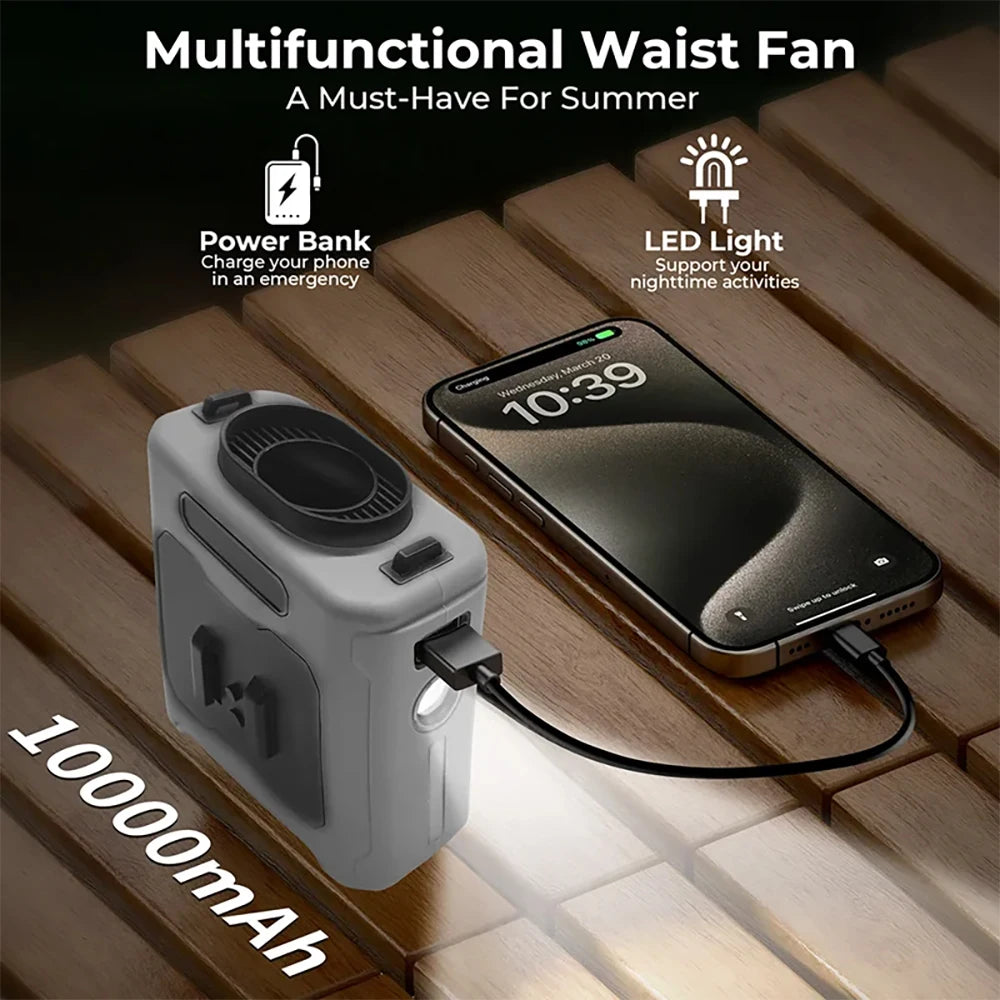 Multi-Functional Portable Waist Hanging Fan 5-Speed Adjustable USB Powered 10000mAh Portable Mobile Power For Outdoor Camping Vue