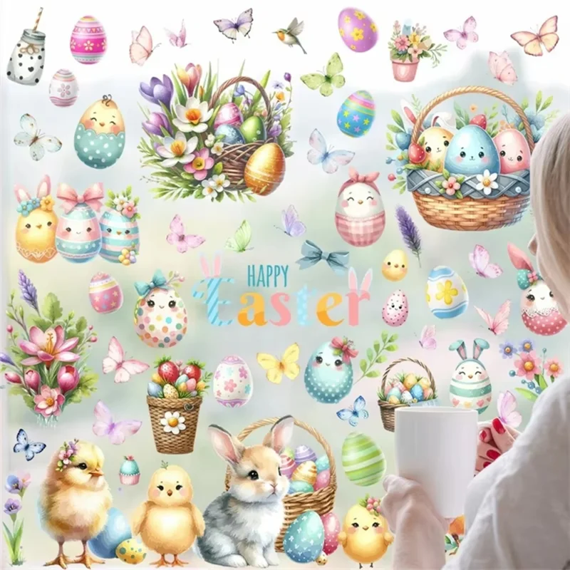 ABKW-1Set Happy Easter Window Stickers Cute Cartoonrabbit Easter Eggs 2025 Spring Wall Decal Vue