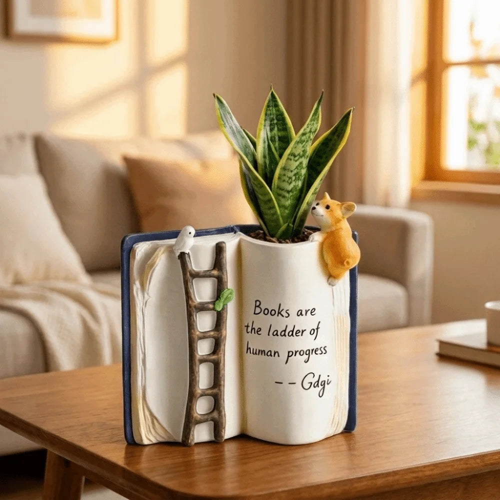 Creative Cartoon Puppy Bird Ladder Planter Compact Adorable Book-Shaped Planter Polyresin Decorative Tabletop Planter Study Vue