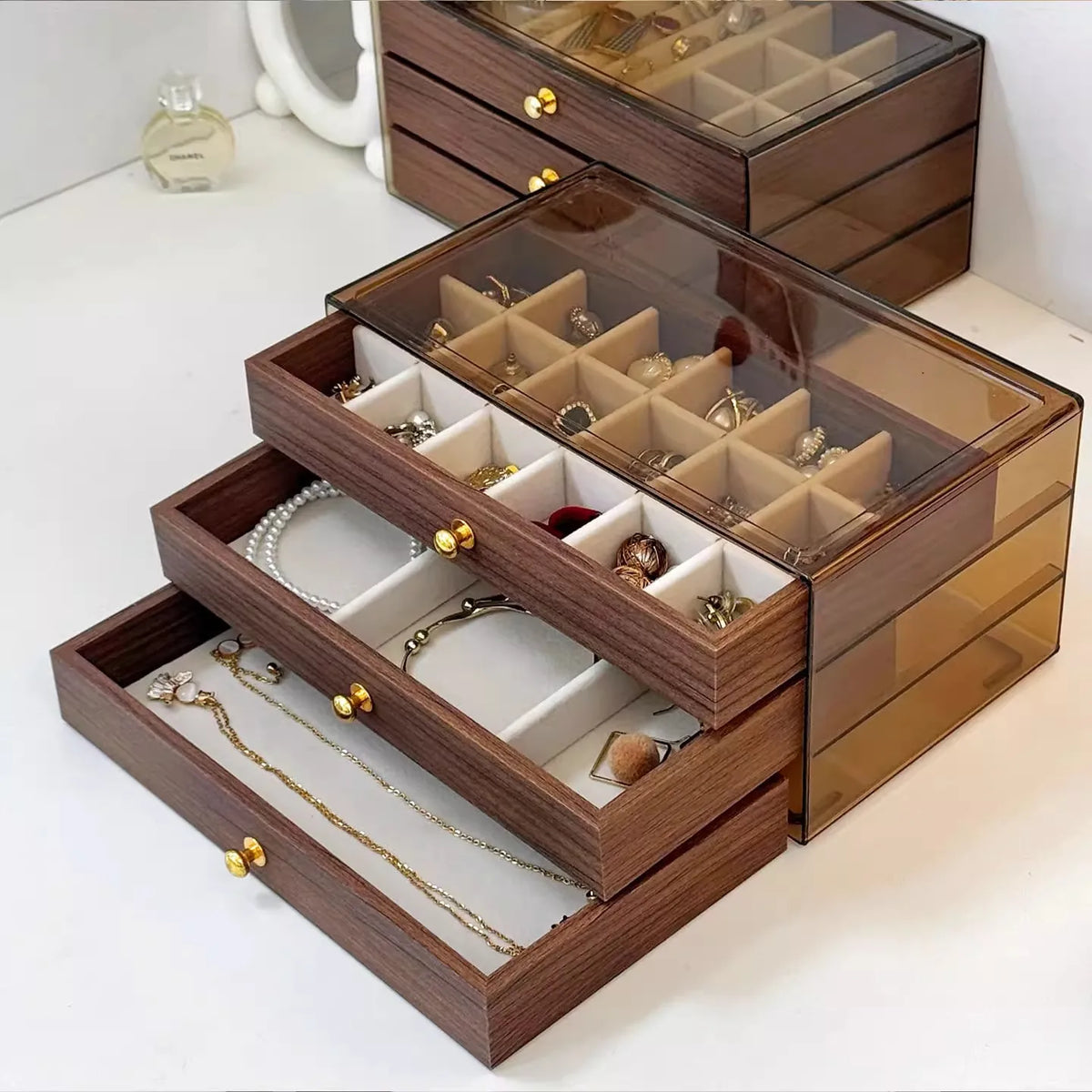 Multi-layer Wooden Jewelry Box Transparent Window Rings Necklace Jewelry Storage Case Organizer Bracelet Earrings Vue