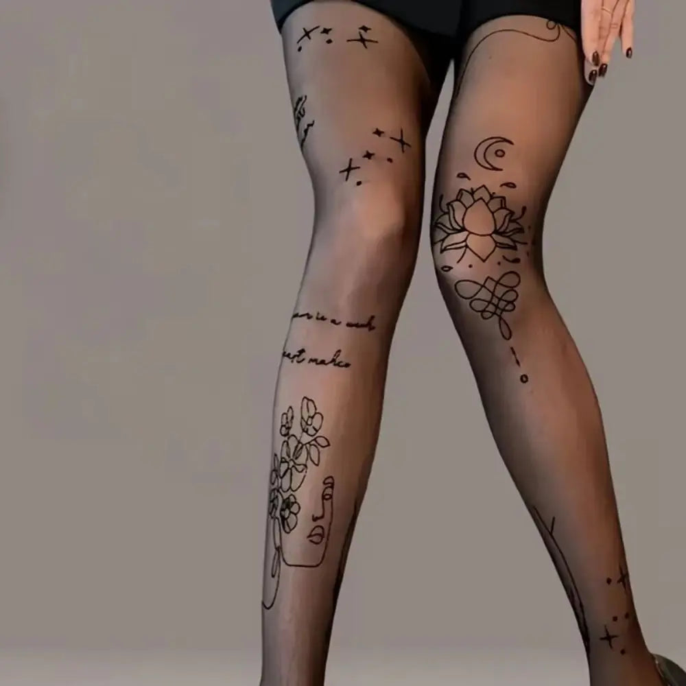 Stylish Flower Letter Tattoos Pantyhose Sheer Breathable Silk