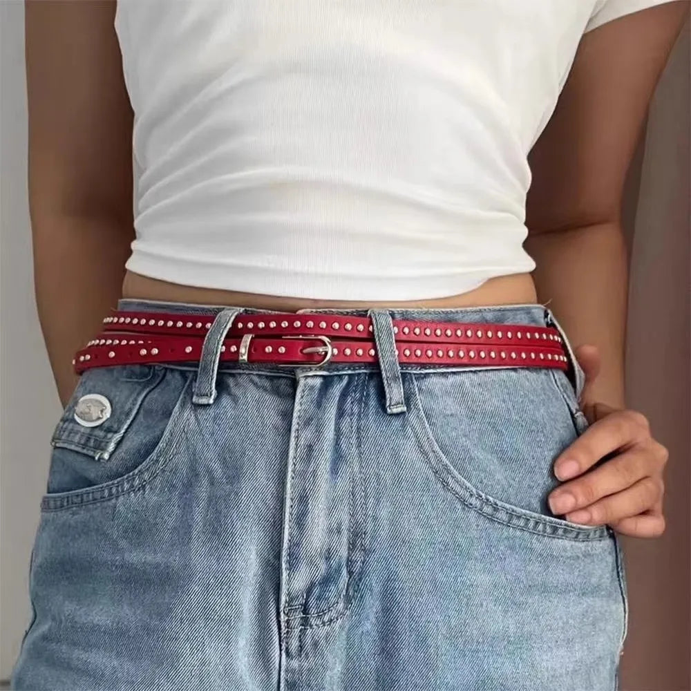 Fashion Y2k Thin Belt Punk Rivet Gothic Waistband Waist Strap PU