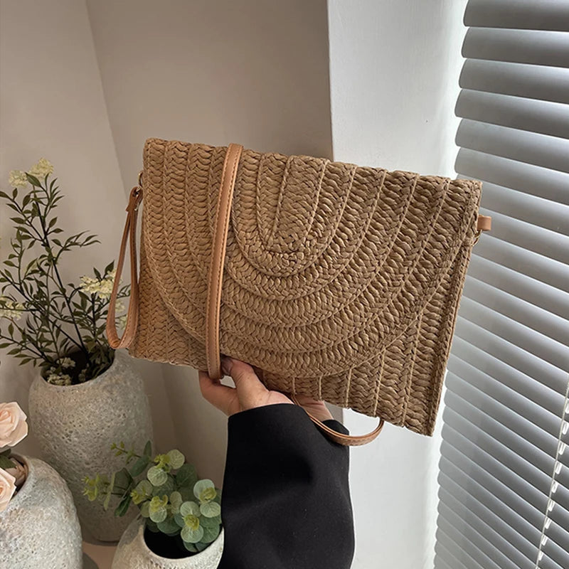 Summer Travel Beach Bag Straw Woven Clutch Fashion Designer Crossbody Vue khaki