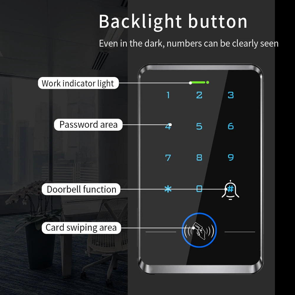RFID 125Khz Access Keypad Backlight Touch Screen Panel Standalone Access Control Keyboard OutdoorWaterproof Wiegand 26/34 DC12V Vue