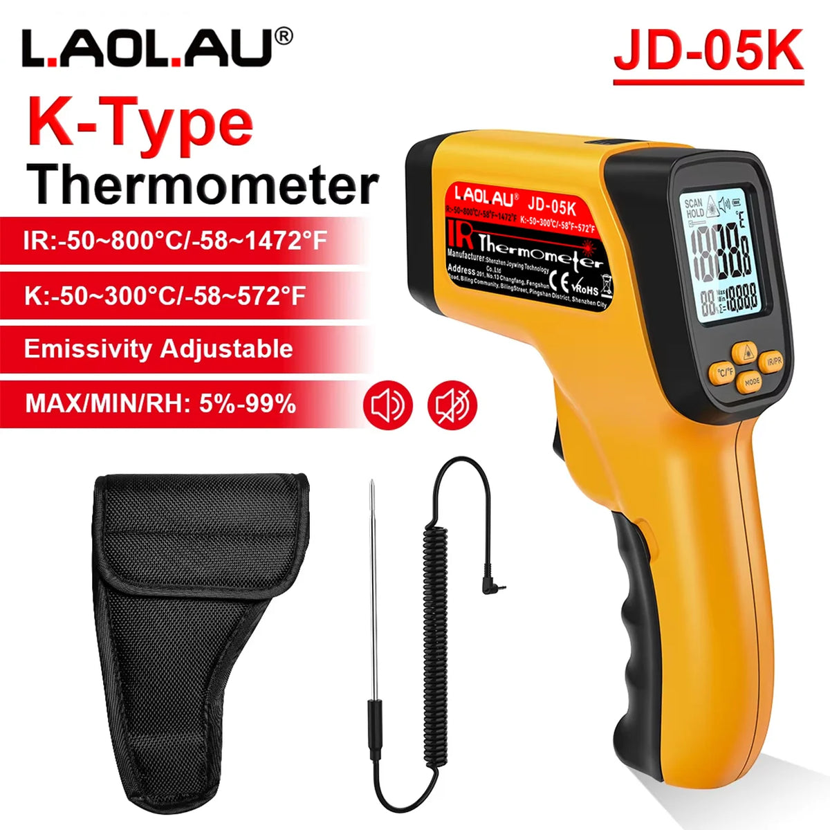 LAOLAU JD05 JD05K K-Type Infrared Thermometer -58°F~1472°F Handheld Non-contact Laser Temperature Gun RH% Adjustable Emissivity Vue JD-05K