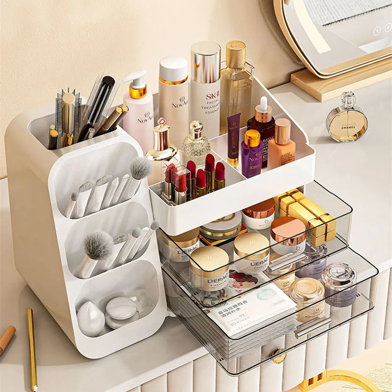 Large Capacity Makeup Tools Organizer with Drawers and Brushes Holder Plastic Cosmetics Skincare Dressing Desktop Storage Box Vue