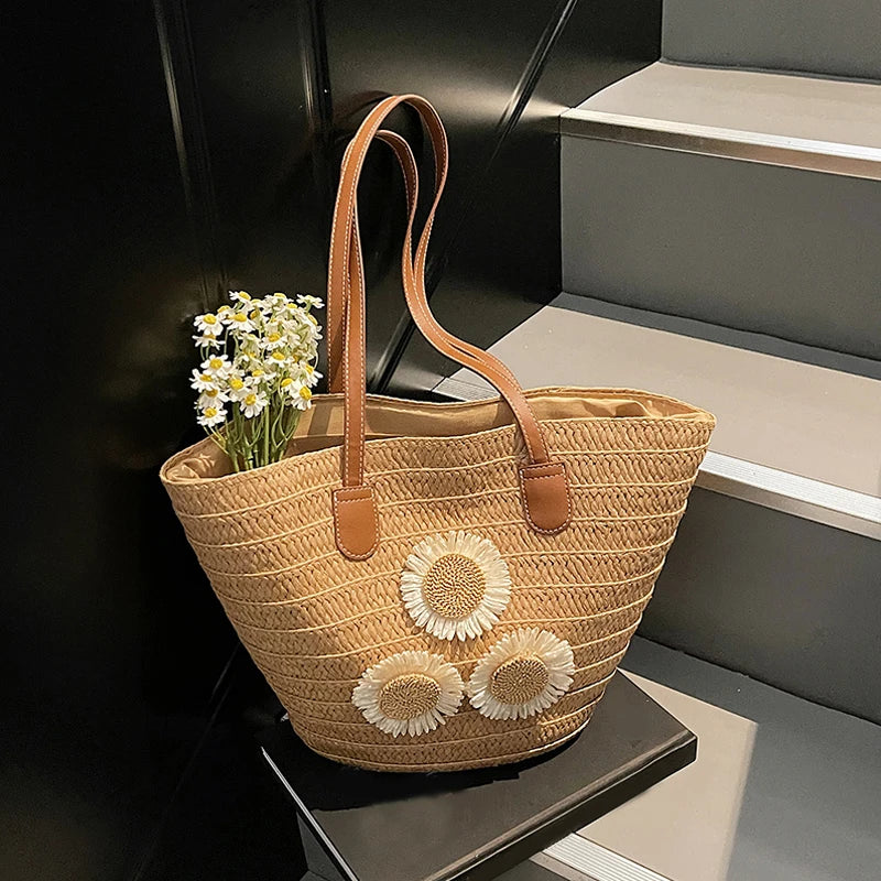 Woven Women Handbag Large Capactity Basket Summer Beach Bag Shopper Vue khaki