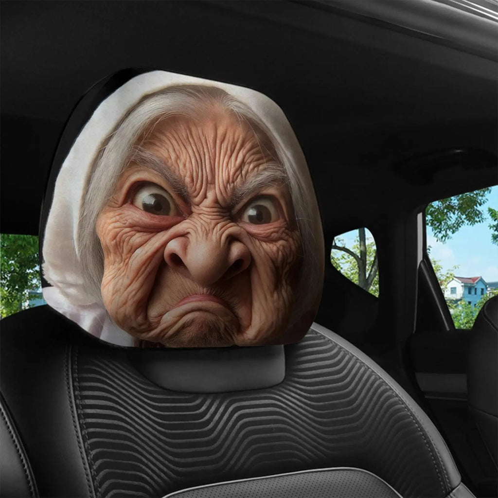 Funny Headrest Covers 2 Pieces Granny Face Print Elastic Universal Fit for Car SUV Sedan Truck Driving Road Trip Daily Commute Vue