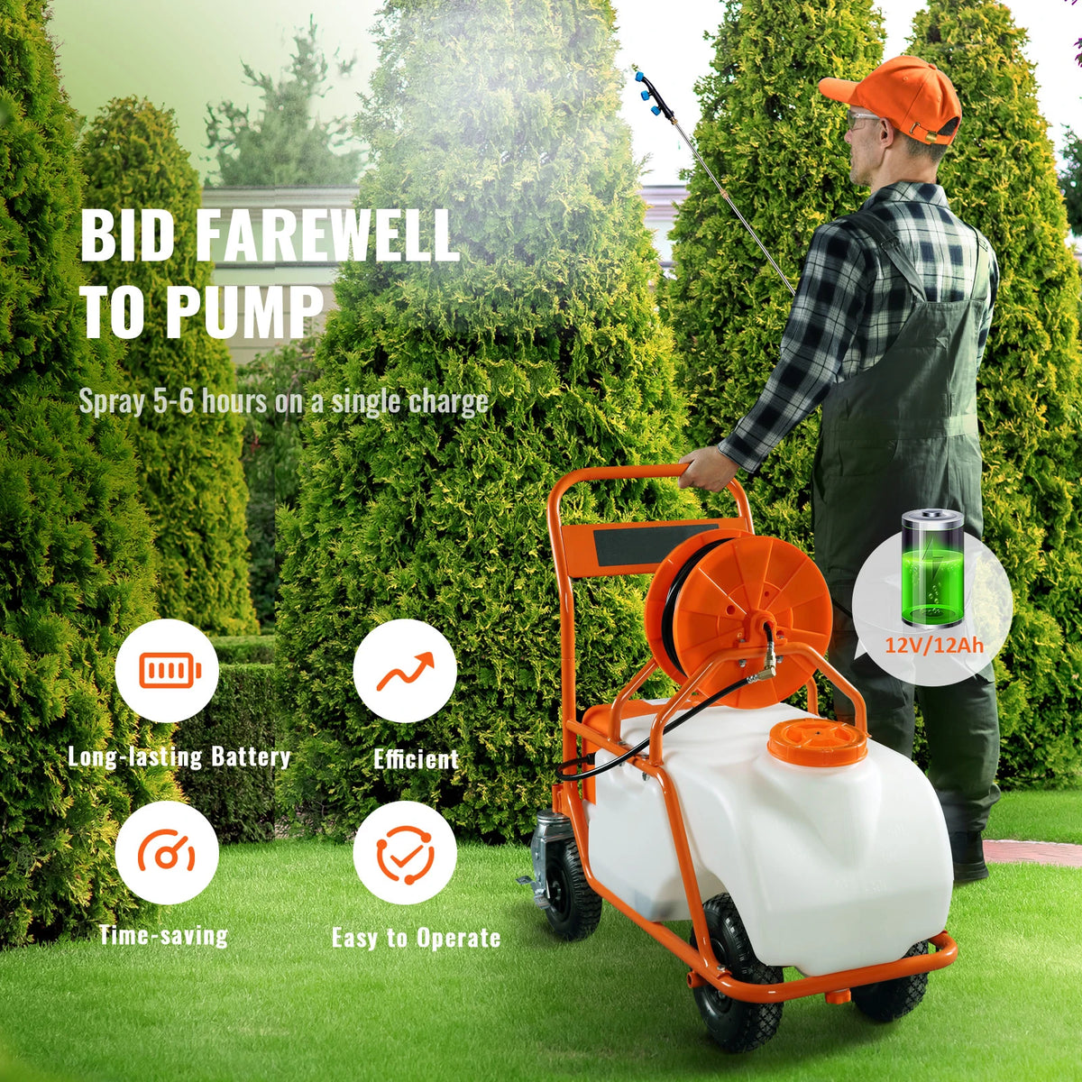 SucceBuy Battery Powered 15 Gal Garden Weed Sprayer with Wheeled Cart 126FT Hose with Reel 8 Nozzles 2 Wands with Lock for Crop Vue