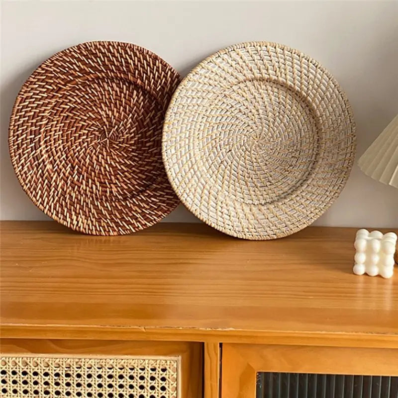 ABKW-Rattan Tray Retro Elegant Fruit Plate Round Dessert Plate Tabletop Decoration Vue