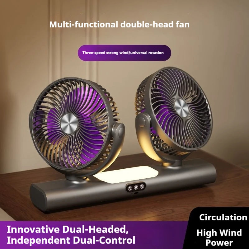 Rechargeable Dual-head Desk Fan Night Light 3-Speed Quiet Air Vue
