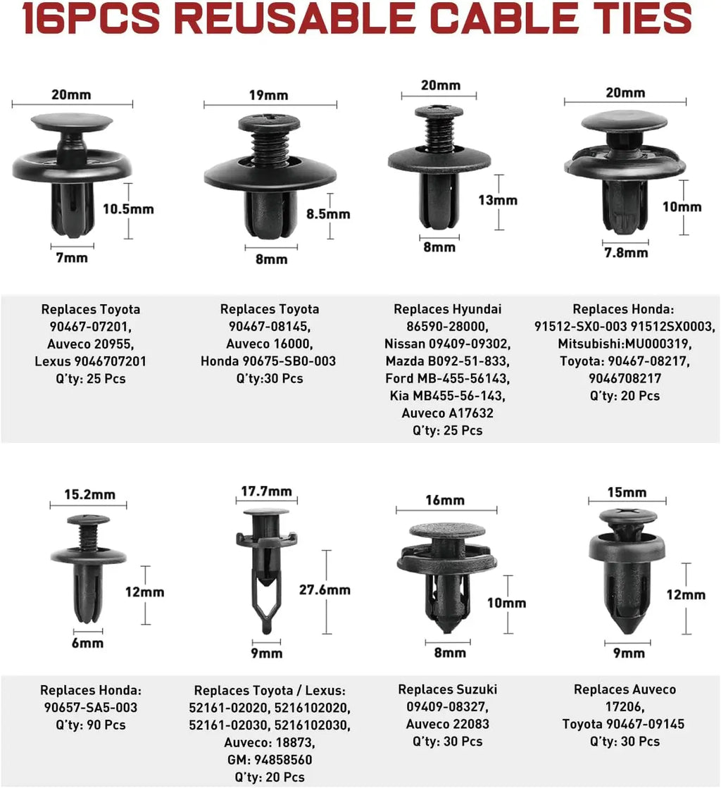 Nilight 855Pcs/1045pcs Car Push Retainer Clips Auto Fasteners Kit Included 16 Sizes Nylon Bumper Fender Rivets Door Trim Panel Clips with 5 Fasteners Remover 10 Cable Ties for Toyota GM Ford Honda Chevy Vue
