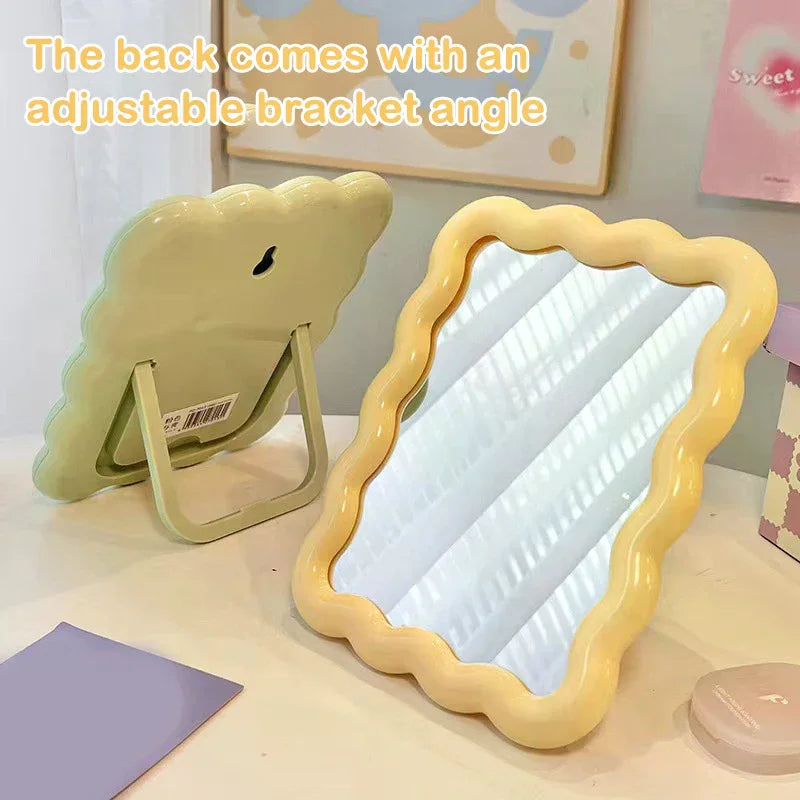 Corrugated Desktop Makeup Mirror Solid Color Simple Portable Handheld Makeup Mirror Foldable Student Compact Cute Mirror Vue