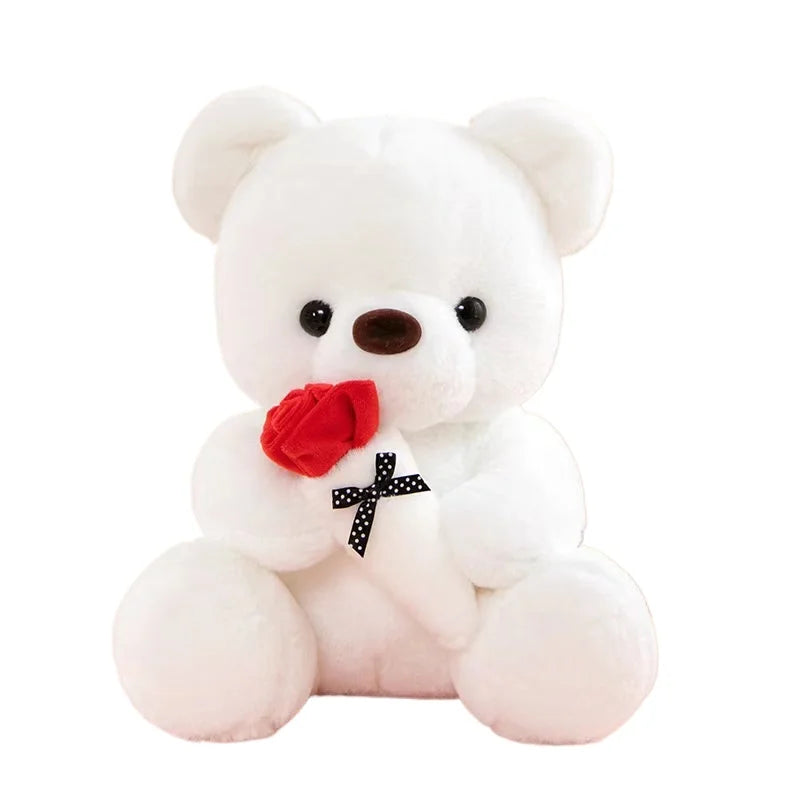 Romantic Rose Bear Stuffed Plush Toy Cartoon Valentines Day Gift for Girlfriend Birthday Anniversary Bedroom Home Decoration Vue White