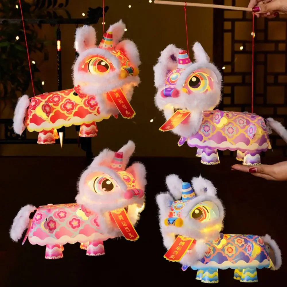 Ancient Style Lion Dance Lantern Waterproof Handmade Luminous Lantern Material Packages Cartoon Portable Lantern Craft Vue