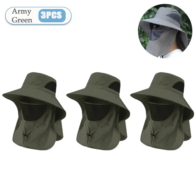 Men‘s Outdoor Fishing Sun Hat with Mosquito Net Face Veil Neck Flap Summer UV Protection Wide Brim Fisherman Cap Vue Army Green-3PCS
