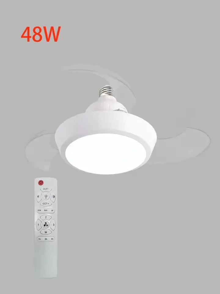 Socket Fan Light with Remote Ceiling Fan Light with E27 Socket Quiet LED Dimmable Flush Mount Fandelier for Workshop Bedroom Vue Invisible Fan-48W